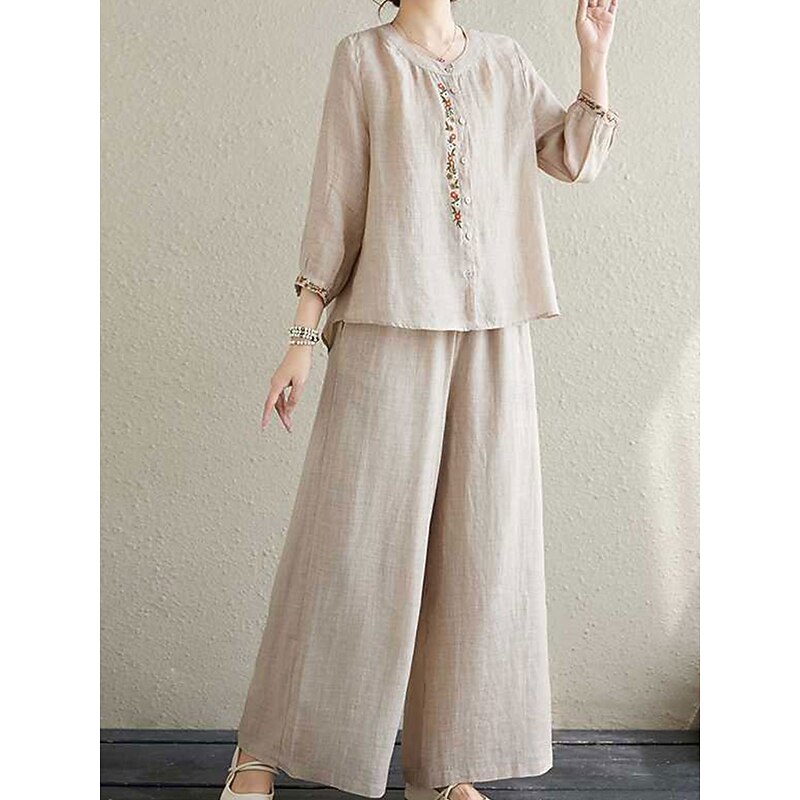 Women's Elegant Vintage Fashion Shirt Linen-Inspired Sets Two Piece Sets Chinos Pants Trousers Long Sleeve Crew Neck Solid Color Outdoor Work Casual Purple Beige Summer Regular Fit3