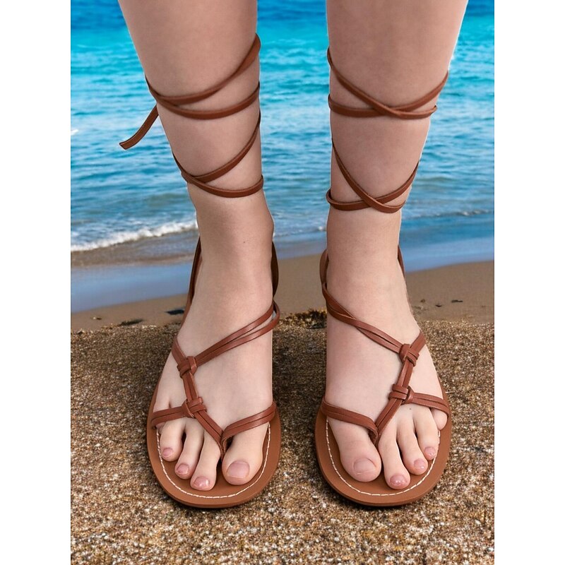 Women's Gladiator Lace-Up Sandals – Brown Strappy Flat Beach Shoes for Summer Casual Outings2