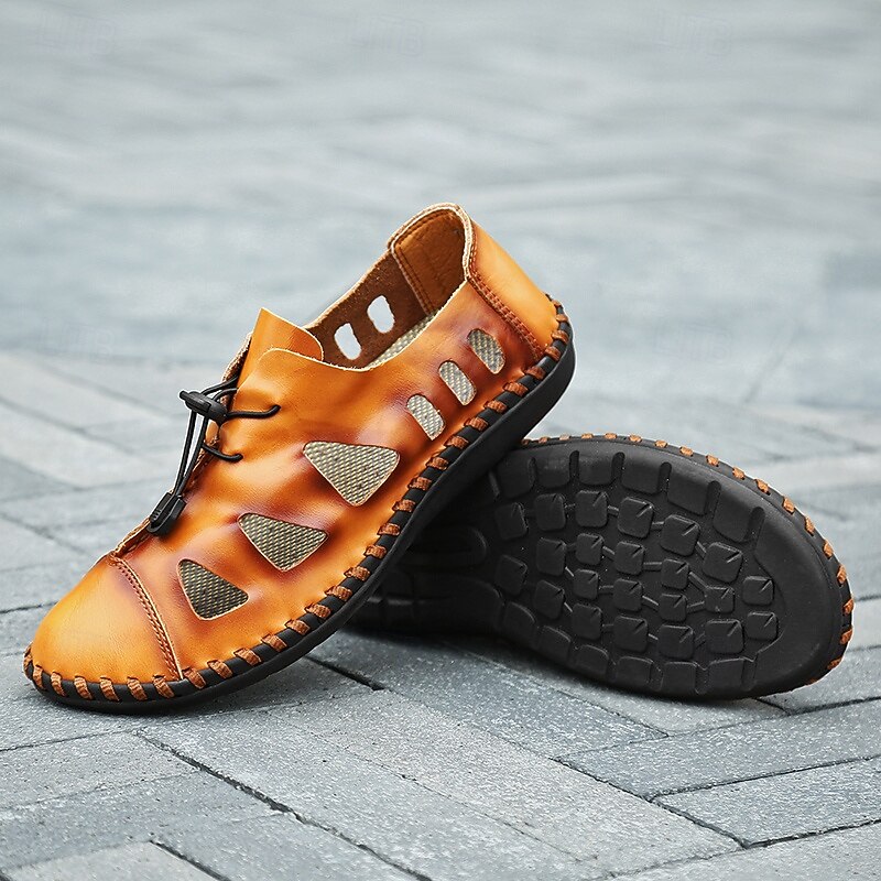 Men's Faux Leather Hollow-Out Casual Sandals - Hand-Stitched Design with Adjustable Drawstring, Lightweight and Breathable for Outdoor Summer Wear3