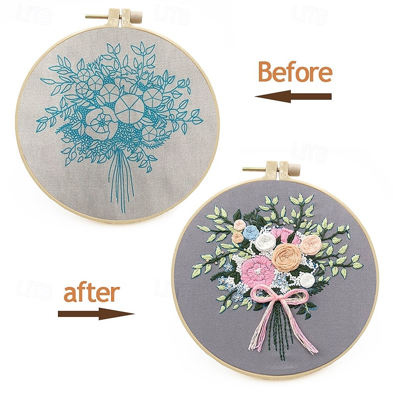 Embroidery Kits Flower Motifs, Embroidery Starter kit, Including Embroidery Fabric with Motifs, Embroidery Thread, Hoop and Instructions3