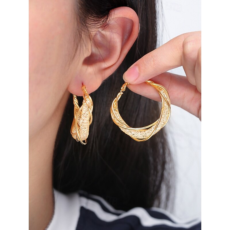 Women's Gold-Tone Twisted Hoop Earrings with Intricate Detailing – Elegant Jewelry for Parties, Weddings and Formal Occasions