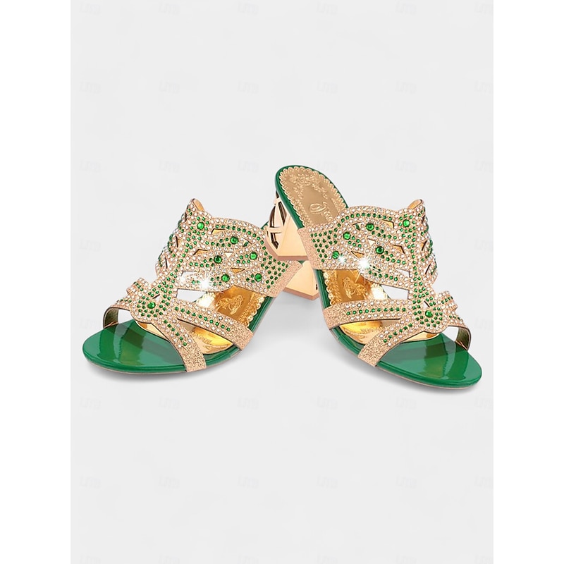 Gold and Green Rhinestone Embellished Heeled Sandals - Women's Glamorous Evening Shoes4