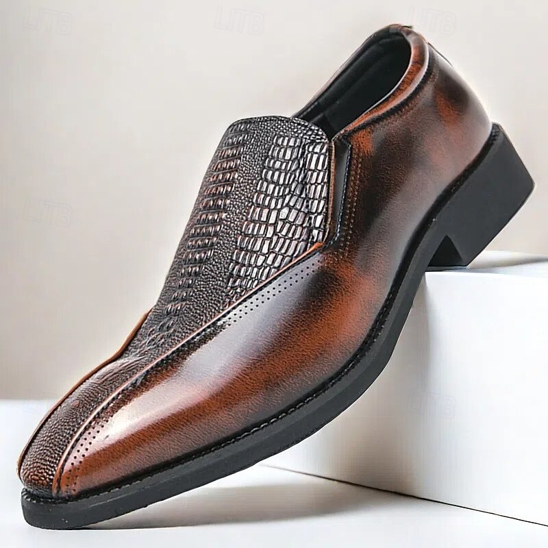 Men's Brown Faux Leather Slip-On Shoes with Crocodile Pattern – Stylish Loafers for Business and Formal Occasions