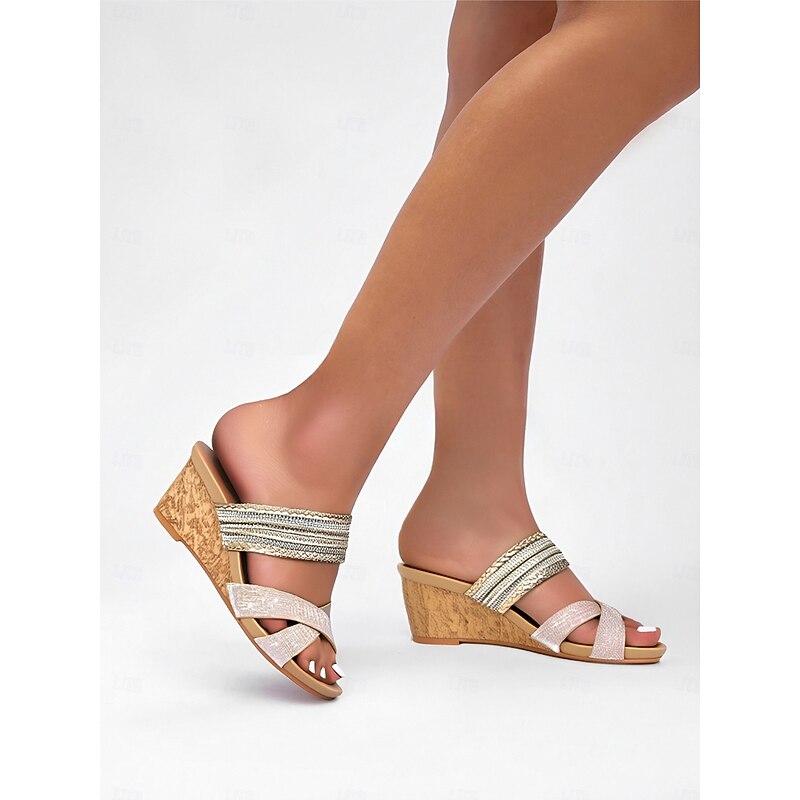 Women's Elegant Slip-On Sandals with Glitter Straps – Comfortable Chunky Heel Sandals for Parties, Weddings and Special Occasions