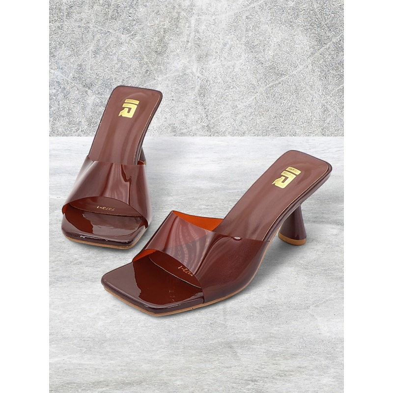 Women's Brown Transparent Square-Toe Slip-On Heeled Sandals – Modern Chic Mules for Parties, Casual Wear and Summer Outings - Main Image