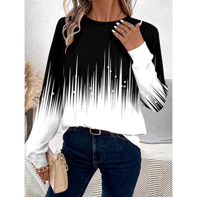 Women's T shirt Long Sleeve Crew Neck Long Sleeve Tunic Ombre Casual Regular Tops Daily Print Black and White Spring Fall Prefall