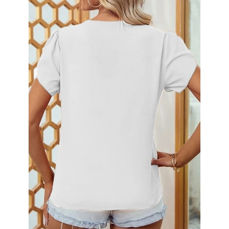 Women's White Elegant Lace Tops Eyelet Blouse Casual Solid Color Regular Tops Short Sleeve V Neck Lace Patchwork Regular Fit Daily White Red Romantic Petite Tops Summer Holiday Wear2