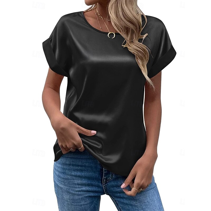 Women's T Shirt Solid Color Elegant Fashion Casual Short Sleeve Crew Neck Regular Tops Daily Going out Patchwork Black Pink Summer Spring