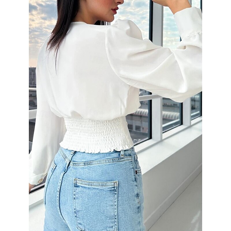Women's Shirt Blouse Solid Color Stylish Casual Long Sleeve V Neck Crop Tops Daily Buttons Black White Summer Spring2