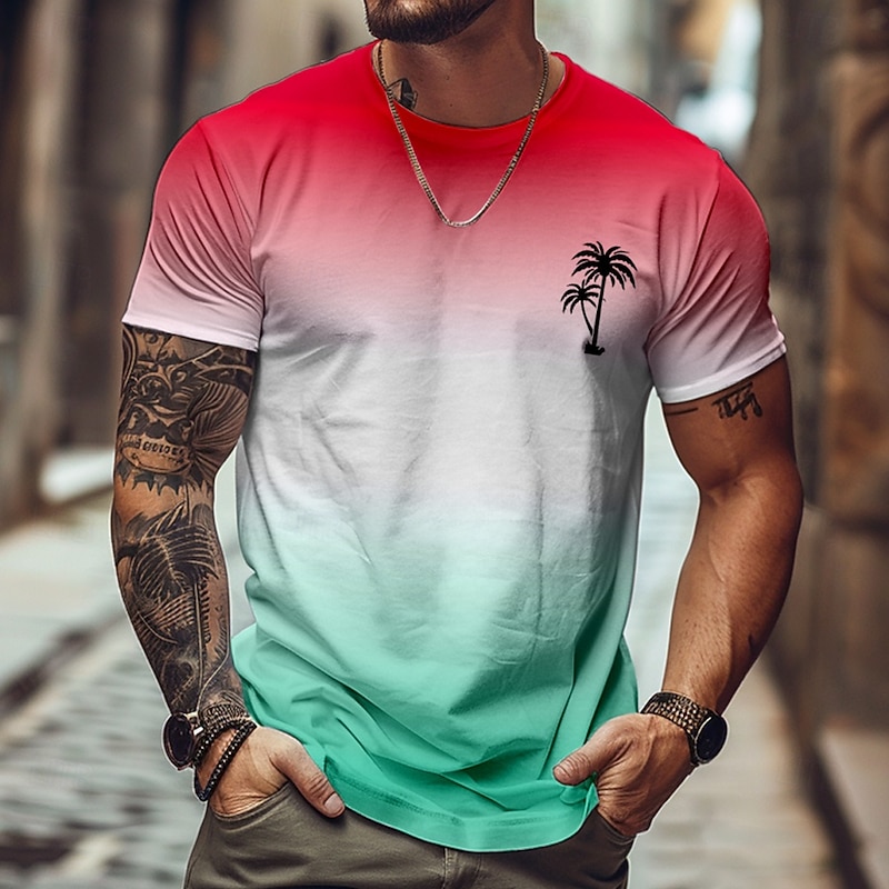 Men's Ombre Coconut Palm T Shirt Short Sleeve T shirt 3D Print Crew Neck Shirt Tropical Hawaiian Vacation Street Daily Blue Purple Green Summer Spring Clothing Apparel S M L XL XXL XXXL3