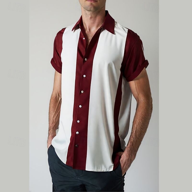 Men's Shirt Summer Shirt Bowling Shirt Button Up Shirt Wine Navy Blue Blue Short Sleeve Color Block Graphic Prints Turndown Hot Stamping Vacation Sports Print Clothing Apparel Fashion Hawaiian 1950s3