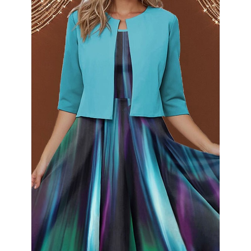 Women's Two Piece Dress Sets Midi Dress with Jacket Elegant A Line Dress Half Sleeve Print Dress Ombre Print Crew Neck Daily Blue Spring Fall Regular Fit2
