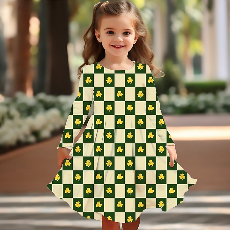 St. Patrick Girls' 3D Graphic Four Leaf Clover Dress Long Sleeve Summer Spring Vacation Daily Holiday Princess Beautiful Sweet Kids 4-12 Years Casual Dress A Line Dress Knee-length Regular Fit4
