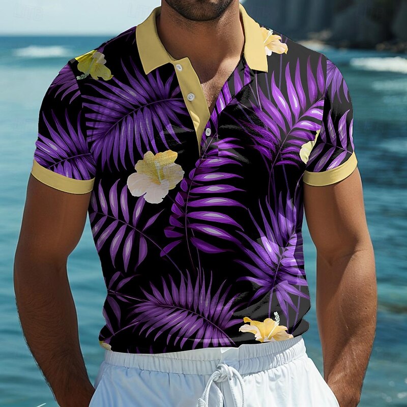 Men's Floral Graphic Polo Short Sleeve Polo Shirts Collared Shirts Casual School Outdoor Daily Wear Home Wear 3D Print Summer Yellow Blue Purple3