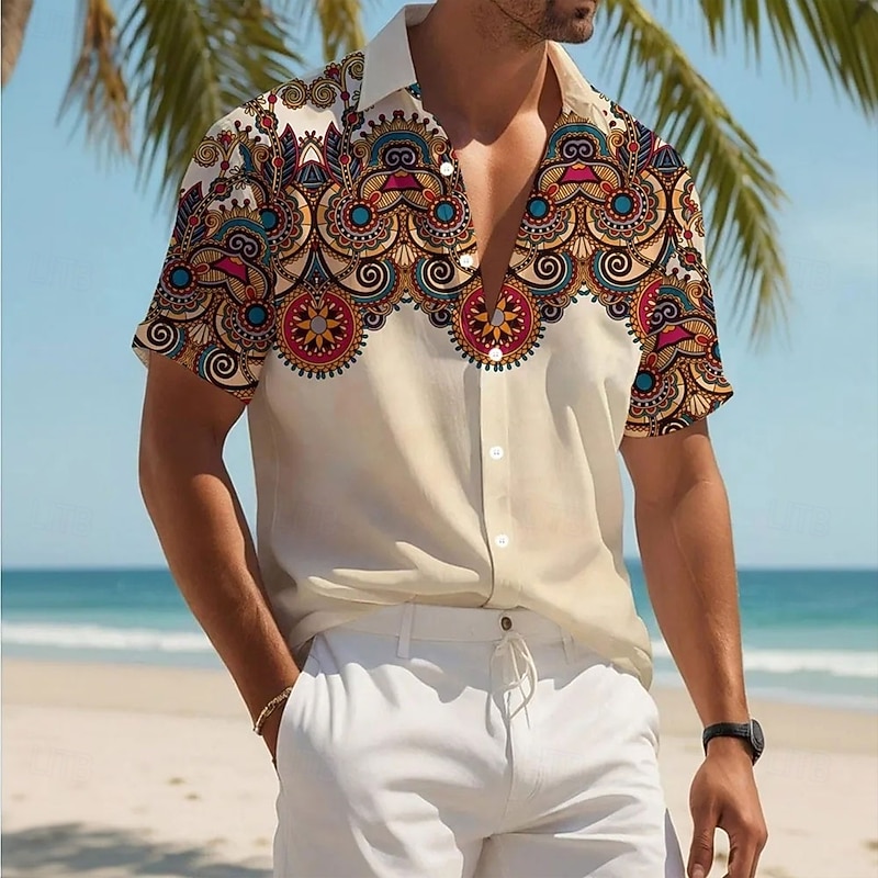 Men's Geometric Pattern Ethnic Shirt Button Up Shirt Short Sleeve Fashion Casual Vacation Holiday Beach Wear Summer Spring Turndown Collared Shirts Khaki