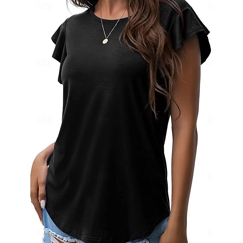 Women's T Shirt Plain Fashion Modern Casual Short Sleeve Crew Neck Regular Tops Daily Weekend Ruffle Black Pink Gray Summer Spring