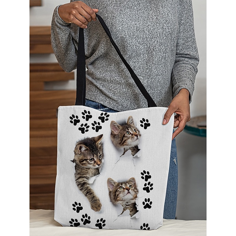 Large Capacity Tote Bag with 3D Cat Print and Paw Patterns – Casual Lightweight Shopping Bag for Cat Lovers, Perfect for Daily Use and Gift Giving3
