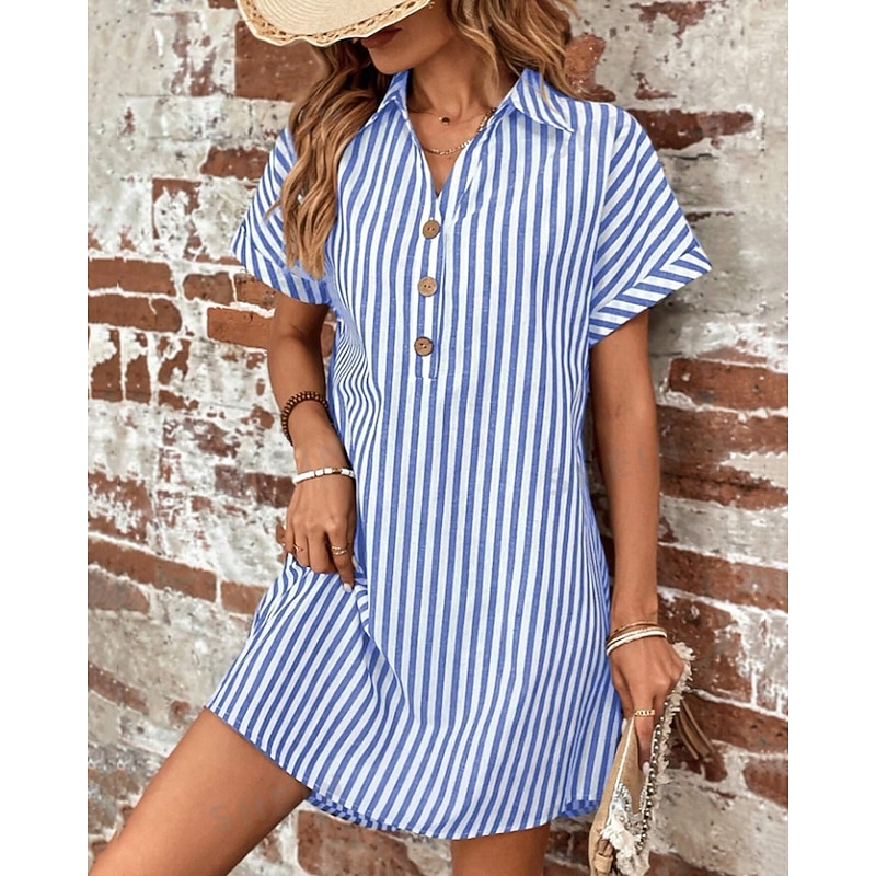 Women's Mini Dress Shirt Dress Casual Dress Summer Dress Stylish Casual Vacation Daily Date Regular Fit Stripe Short Sleeve Lapel Black Blue Summer Spring2