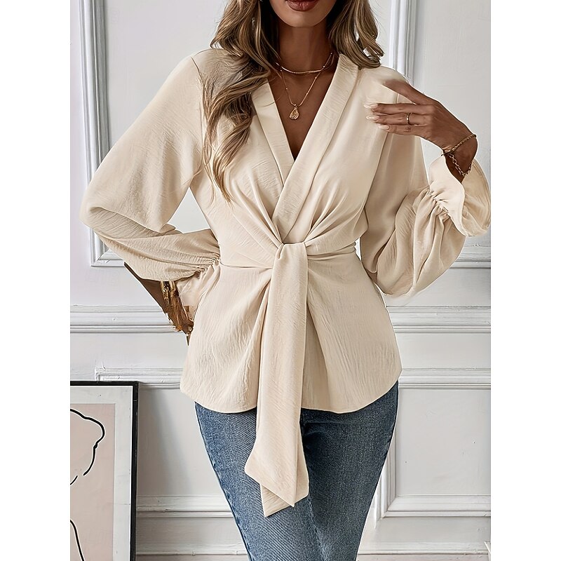 Women's Shirt Blouse Solid Color Stylish Casual Long Sleeve V Neck Regular Tops Daily Tie Front Khaki Spring Fall4
