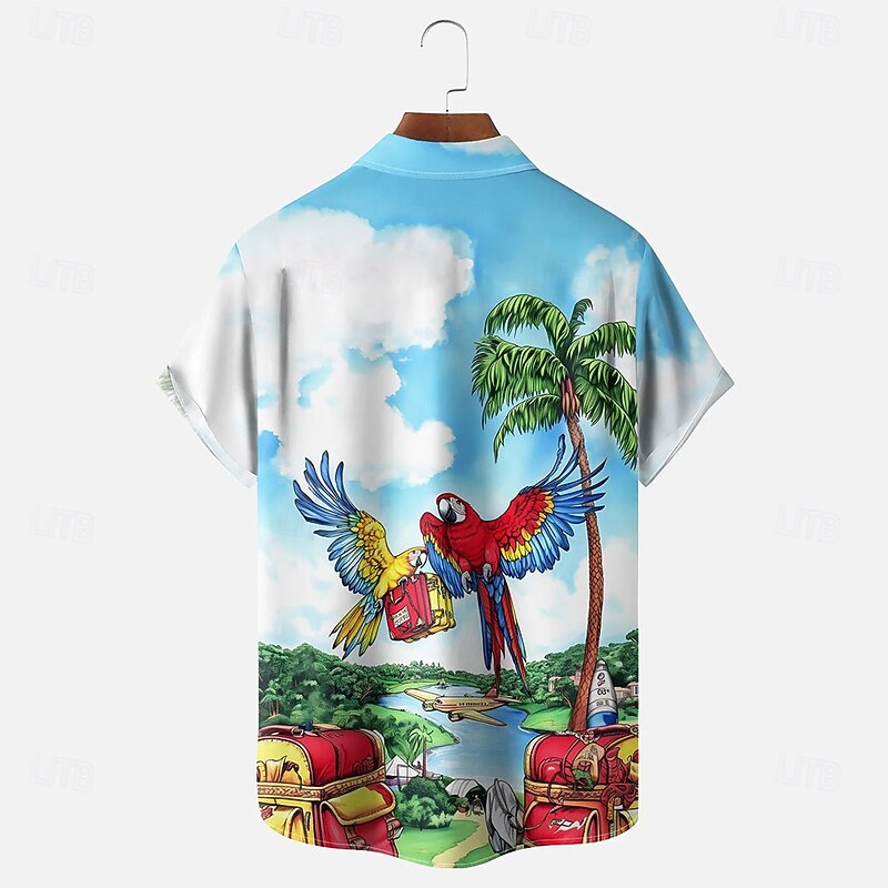 Men's Parrot Tropical Plants Summer Hawaiian Shirt Button Up Shirt Aloha Shirt Short Sleeve Hawaiian Resort Vacation Holiday Beach Wear Summer Spring Turndown 3D Print Collared Shirts White2