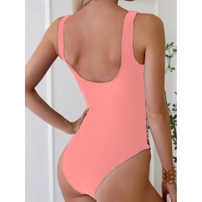 Women's One-Piece Swimsuit Scoop Neck Leopard Print Panels Racerback Ruched Summer Beachwear Quick-Dry Stretch Fabric Full Size Black3