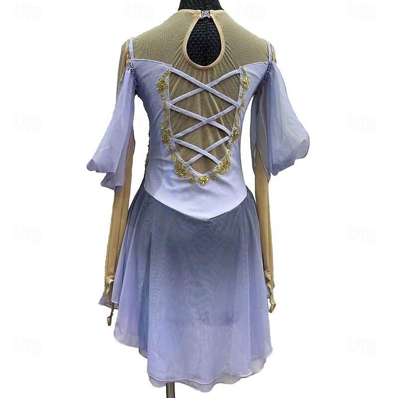 Figure Skating Dress Women's Girls' Ice Skating Dress Light Purple Patchwork Thumbhole Mesh Spandex Stretchy Training Practice Professional Skating Wear Crystal / Rhinestone Long Sleeve Figure Skating3