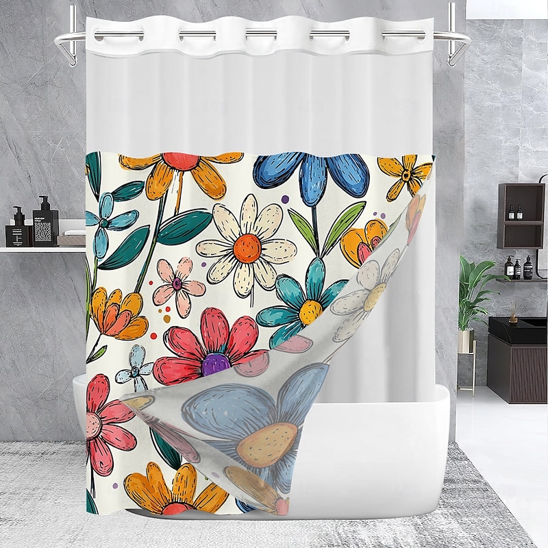 Flower Waffle-Weave Textured Shower Curtain Set with Snap-in Liner and Sheer Window Water-Repellent Polyester Grommet Top,120GSM Hotel Quality Spa Style Bathroom Partition No Hooks Required4