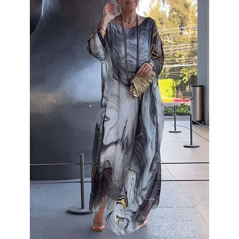 Women's Long Dress Maxi Dress Cocktail Dress Wedding Guest Dress Chiffon Fashion Modern Outdoor Vacation Loose Fit Marble Long Sleeve Crew Neck Yellow Blue Gray Summer Spring2