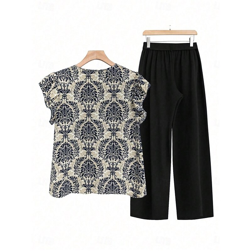 Women's Bohemia Daily Blouse Wide Leg Pants Sleeveless V Neck Floral Ruffle Print Casual Daily Black Brown Summer Regular Fit2