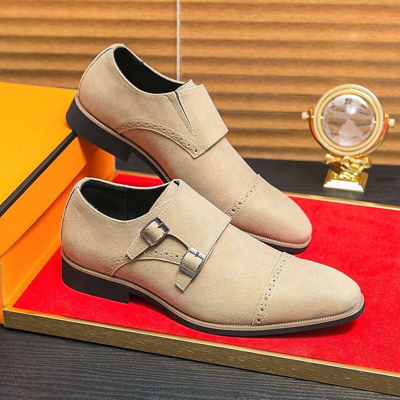 Men's Beige Suede Double Monk Strap Dress Shoes – Elegant Brogue Detailing for Formal and Semi-Formal Occasions3