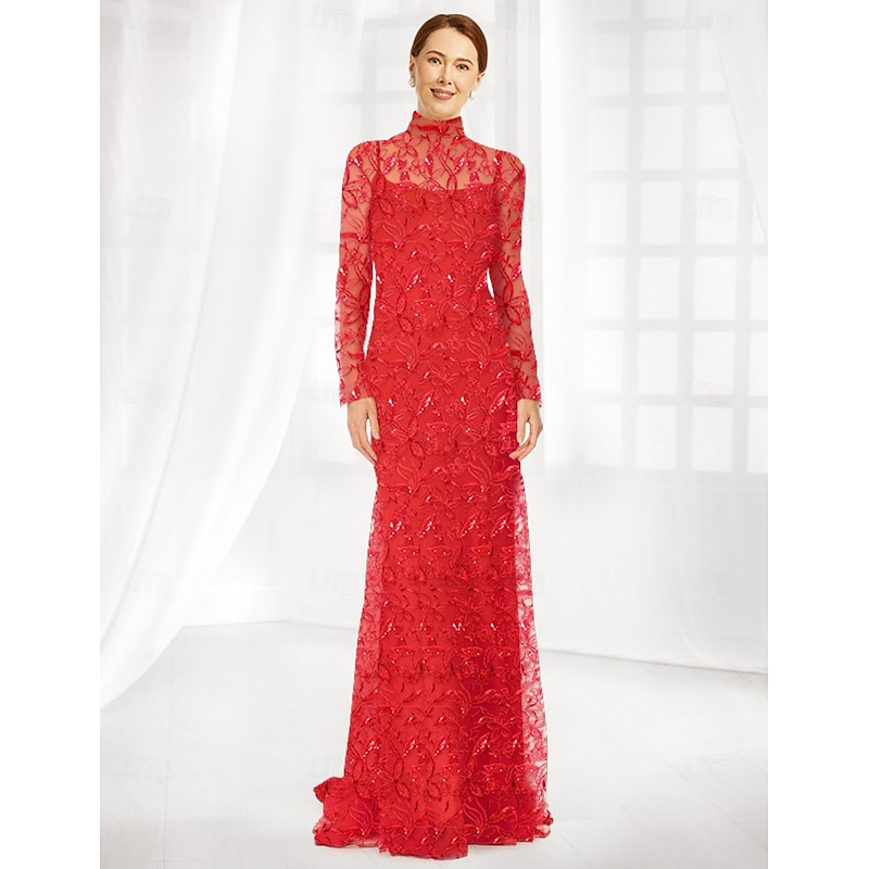 Sheath / Column Mother of the Bride Dress Elegant Simple Minimalist Mock Neck Floor Length Tulle Long Sleeve with Floral Lace Applique2