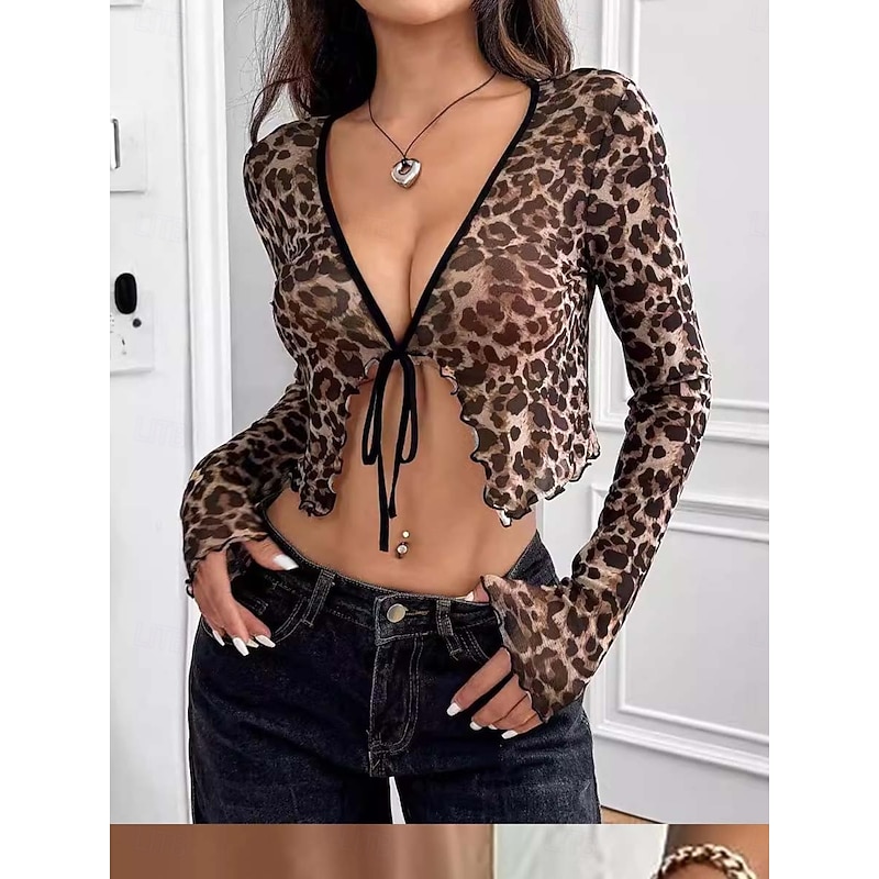 Women's Wrap Crop Top Sexy Long Sleeve V Neck Crop Tops khaki Summer Spring