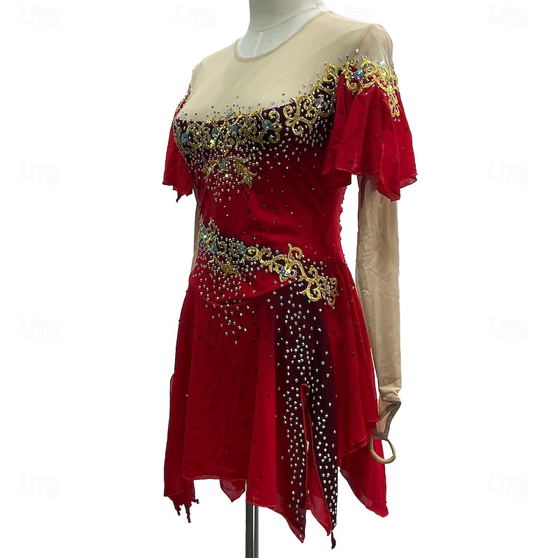 Figure Skating Dress Women's Girls' Ice Skating Dress Red Patchwork Thumbhole Mesh Spandex Stretchy Training Practice Professional Skating Wear Crystal / Rhinestone Long Sleeve Figure Skating4