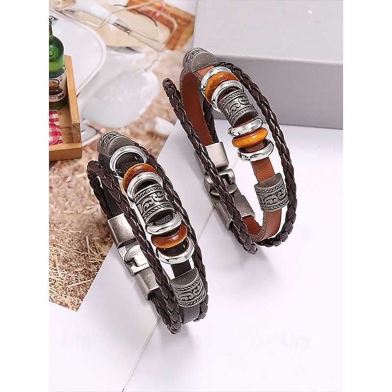Men's Braided Leather Bracelet with Vintage Metal Beads – Bohemian Multi-Layer Design for Casual Wear, Parties and Gifts