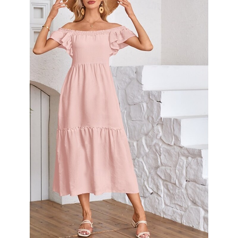 Women's Maxi Dress Casual Dress Swing Dress A Line Dress Stylish Basic Casual Vacation Daily Regular Fit Plain Short Sleeve Square Neck Pink Beige Summer Spring3