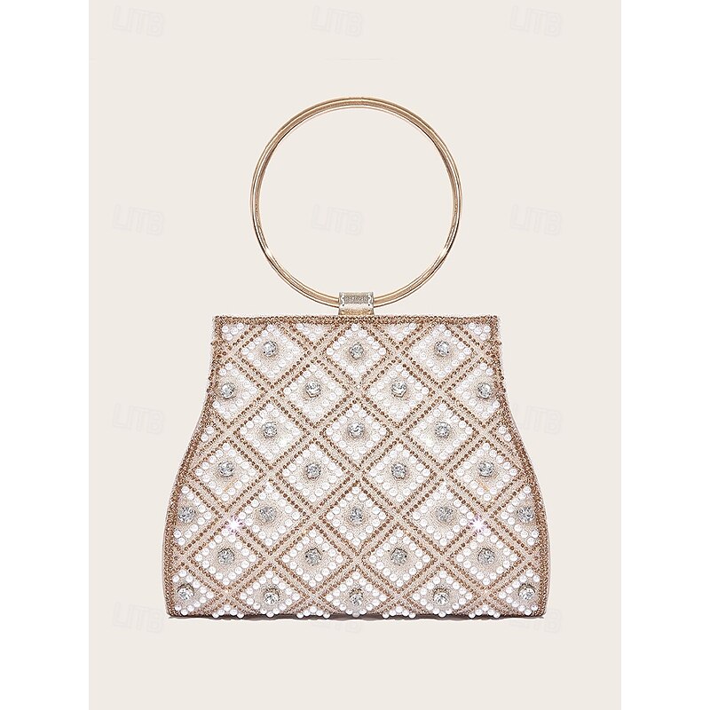 Women's Rhinestone Embellished Evening Clutch Bag – Elegant Handbag with Gold Ring Handle and Chain Strap for Weddings and Parties Color Silver Black / White Black4