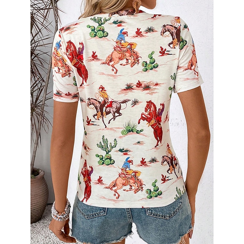 Women's T Shirt Horse Casual Short Sleeve Round Neck Regular Tops Daily Print off-white Summer2