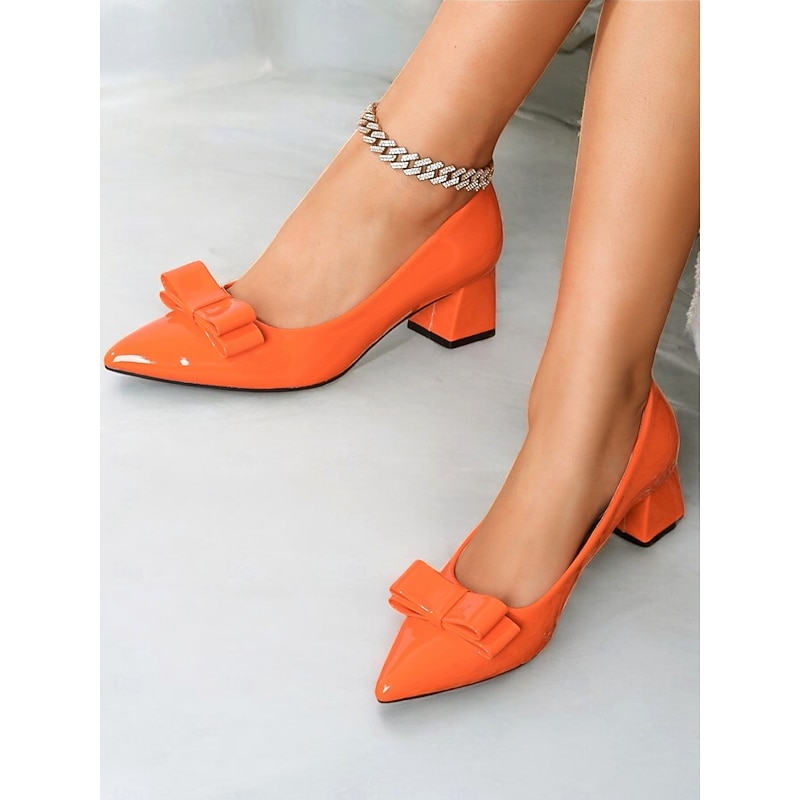 Women's Chic Orange Patent faux Leather Pumps - Pointed-Toe Block Heels with Bowknot Design, Perfect for Office, Parties, and Formal Occasions