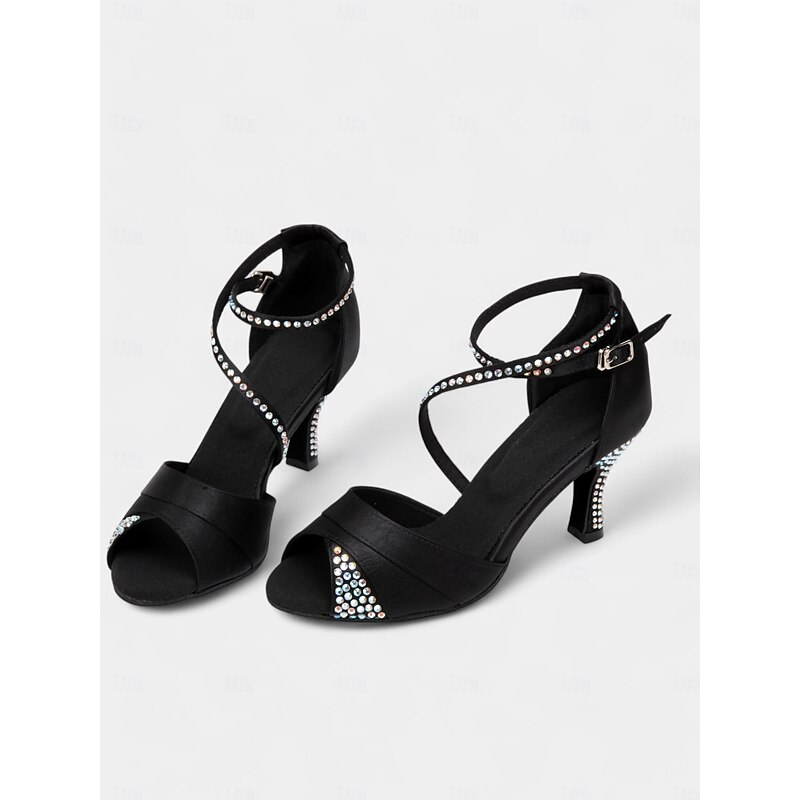 Women's Latin Dance Shoes Samba ChaCha Rumba Softer Party / Evening Rhinestone High Heel Low Heel Peep Toe Open Toe Lace-up Adults' Black2