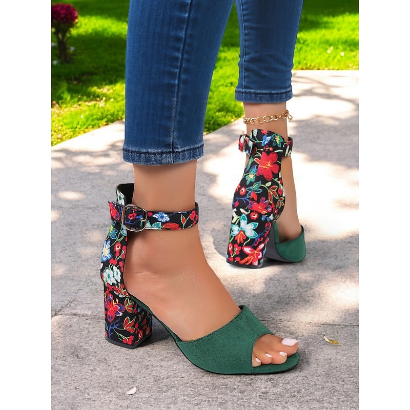 Women's Green Open-Toe Sandals with Floral Block Heels and Adjustable Ankle Straps - Elegant Summer Shoes for Weddings and Casual Occasions4