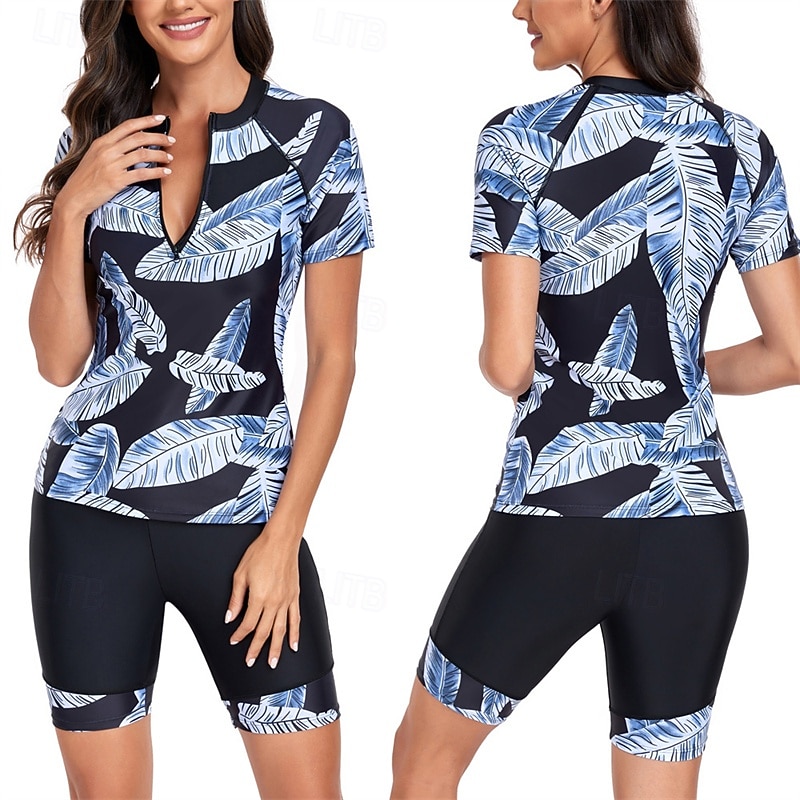 Women's Two Piece Swimsuit UV Sun Protection Lightweight Short Sleeve Swimwear Swimsuit 2 Piece Front Zip Swimming Surfing Beach Water Sports Tropical Printed Summer Spring Autumn