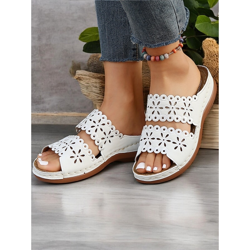 Women's White Slip-On Sandals with Floral Cut-Out Design Comfortable Sole and Casual Style for Summer Wear and Daily Outings3