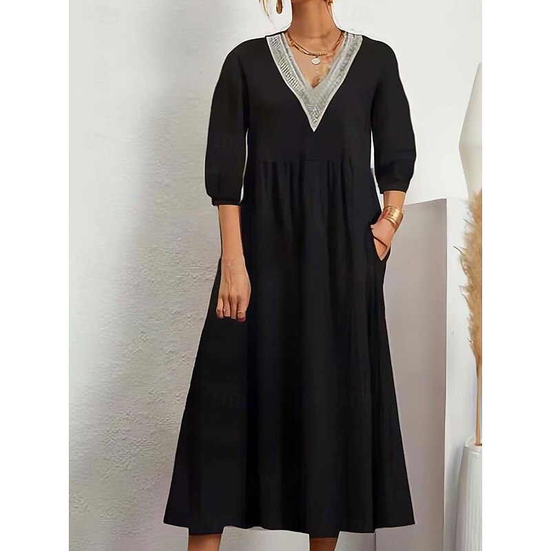 Women's Midi Dress Elegant Vintage Stylish Lantern Sleeve Vacation Daily Regular Fit Plain 3/4 Length Sleeve V Neck Black White Summer Spring Fall3