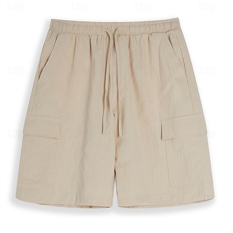 Men's Cargo Shorts Shorts Linen Shorts Summer Shorts Beach Shorts Drawstring Elastic Waist Multi Pocket Plain Knee Length Classic Style Casual Black White Inelastic2