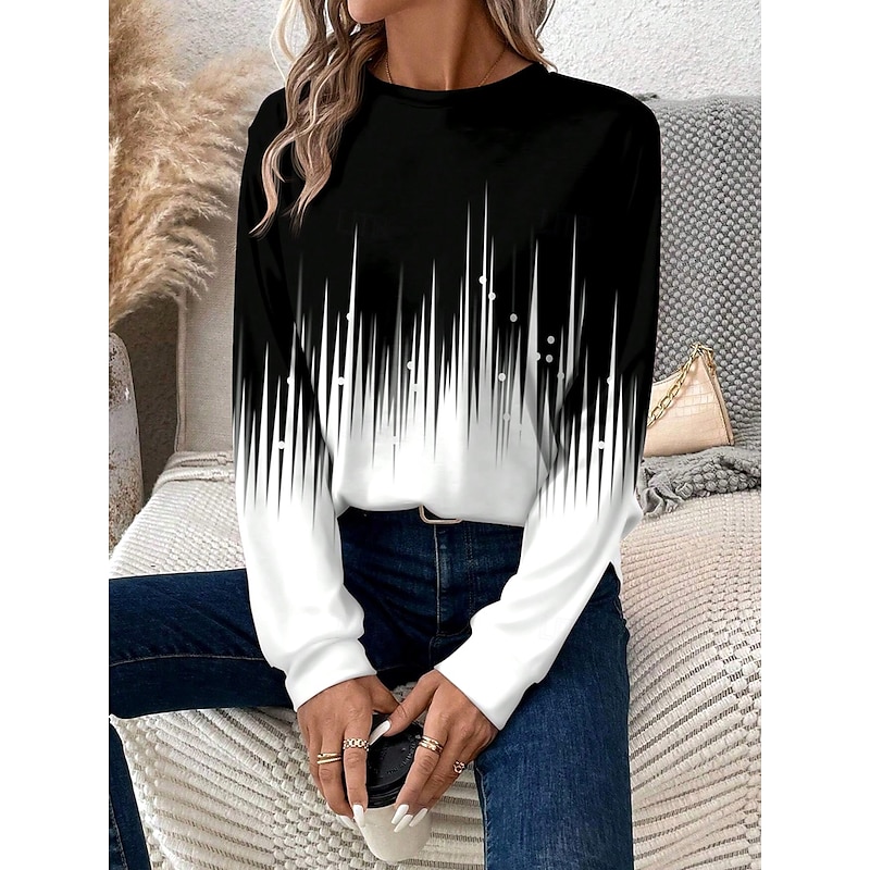 Women's T shirt Long Sleeve Crew Neck Long Sleeve Tunic Ombre Casual Regular Tops Daily Print Black and White Spring Fall Prefall3