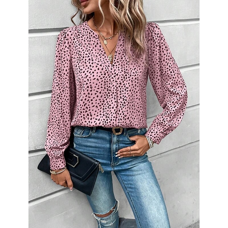 Women's Shirt Blouse Leopard Stylish Casual Long Sleeve Notched Neck Regular Tops Daily Print White Pink Summer Spring3