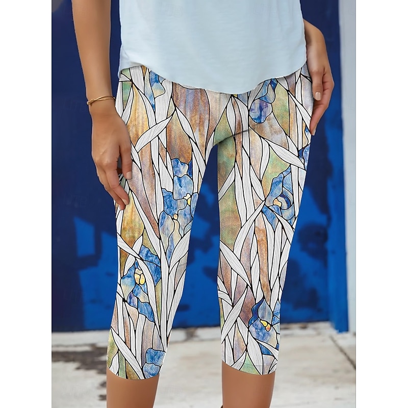 Women's Leggings Capri Pants High Elasticity Fashion Streetwear Full Length High Waist Floral Printing Thermal Warm Breathable Soft  Outdoor Daily Yellow Fall Winter Regular Fit