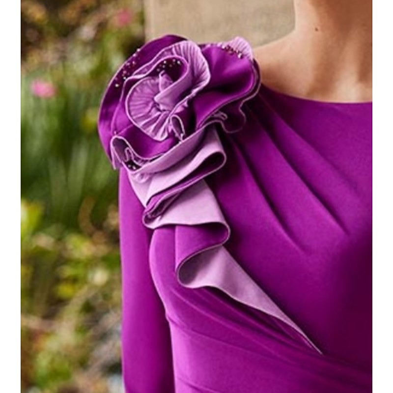 A-Line Mother of the Bride Evening Gown Elegant Dress Formal Floor Length 3/4 Length Sleeve Jewel Neck Fall Wedding Guest Stretch Crepe with Shouder Flower3