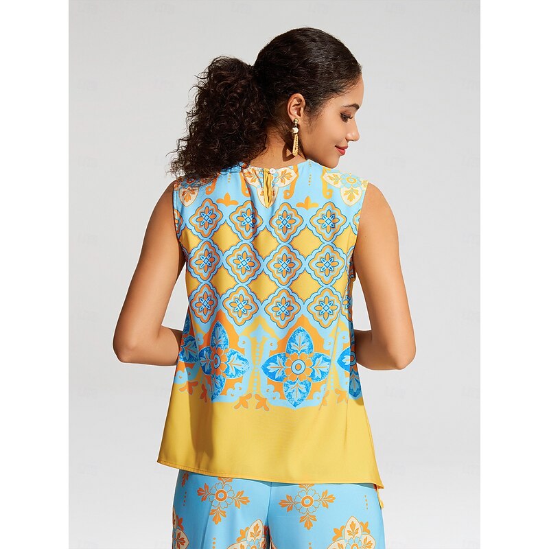 Women's Camisole Tank Top Satin Boho Double Slit Crew Neck Sleeveless Camisole Tank Top3