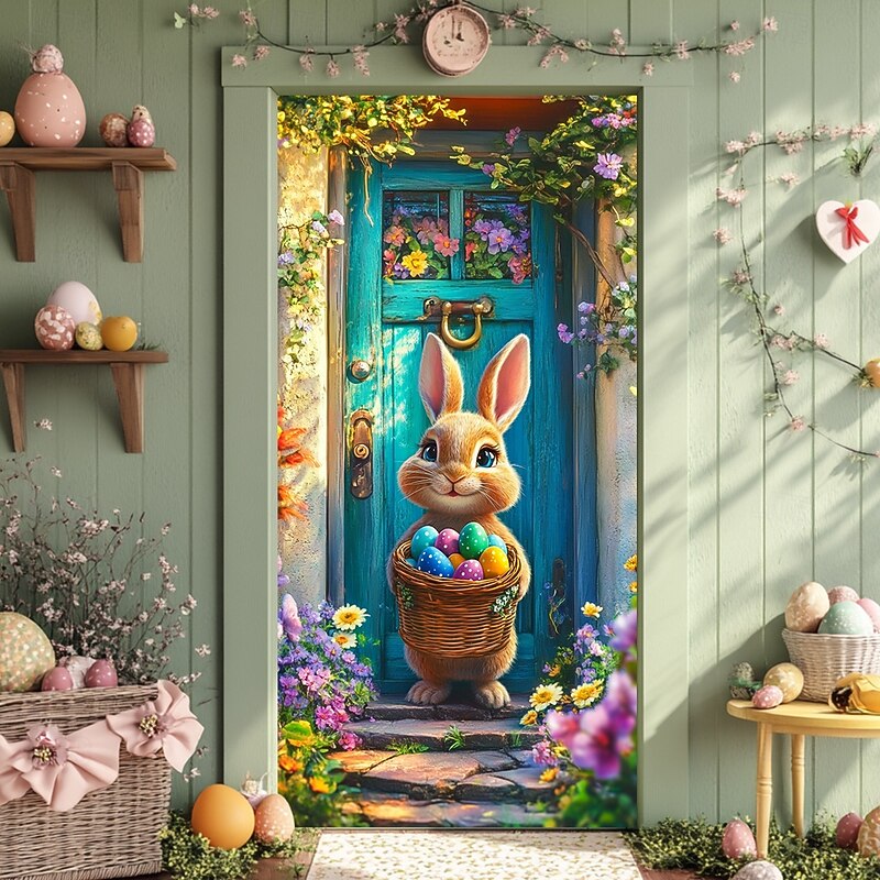 Door Decorations Door Covers Bunny Holding Eggs Door Tapestry Door Curtain Decoration Backdrop Indoor/Outdoor Door Banner for Front Door Farmhouse3